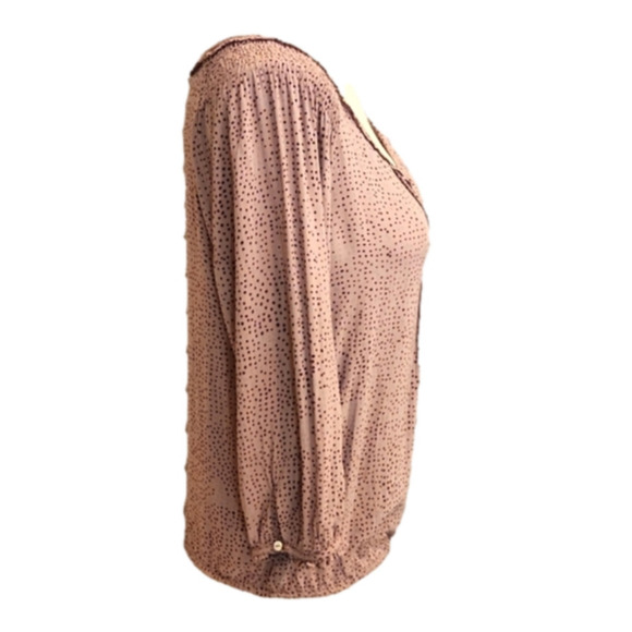 WOMENS ZARA tan with brown & blue polka dot abalone button top size Smal… - Picture 6 of 16